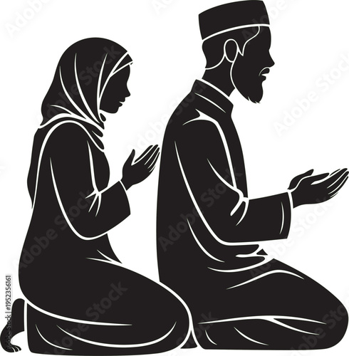 Muslim couple praying silhouettes showing man and woman in traditional attire performing salah, representing Islamic faith, devotion, spirituality, and religious practices in peaceful worship scene
