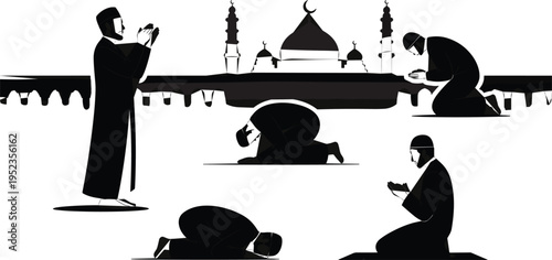 Muslim men praying silhouettes set with mosque background showing different salah positions, representing Islamic worship, spirituality, faith, and religious practices in traditional cultural context