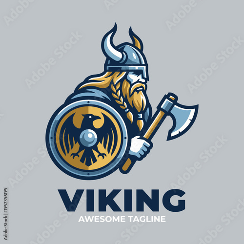 A strong depiction of a Viking warrior, armed with an axe and shield, invoking themes of strength, bravery, and historical significance from the Viking era of exploration.