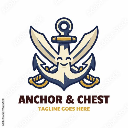 This image features a cheerful anchor with crossed swords, perfect for projects related to nautical themes, maritime activities, or adventurous brands looking for a playful touch.