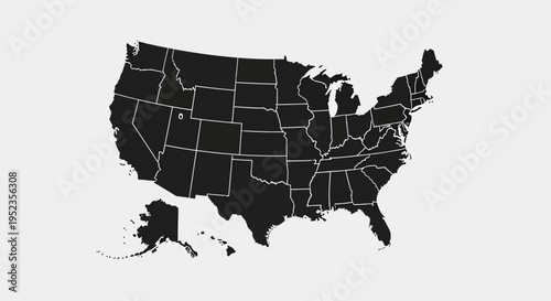 Black Silhouette Map of the United States of America with Alaska