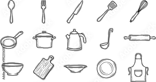 Collection of hand-drawn kitchen utensils and cookware in a simple line art style
