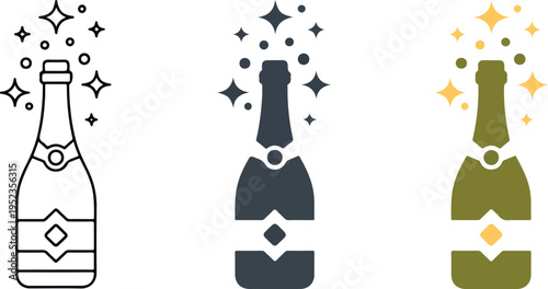 Minimalist Champagne Bottle Illustration Set Showing Line Art, Gray, and Olive Green Celebration Icons with Sparkles Vector Design