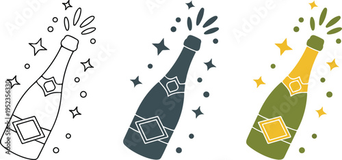Minimalist Champagne Bottle Illustration Set Showing Line Art, Gray, and Olive Green Celebration Icons with Sparkles Vector Design