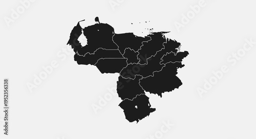 Black Silhouette Map of Venezuela with Internal Borders on White Background