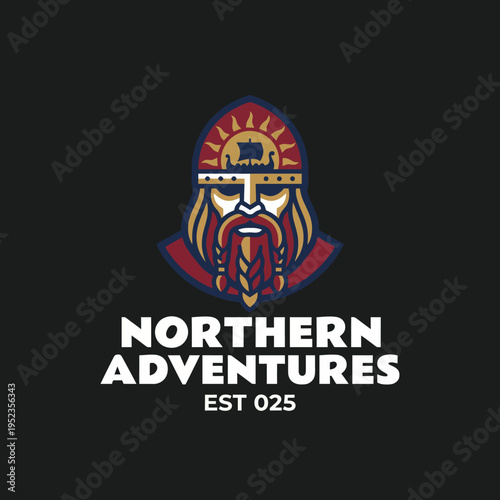 This striking image showcases a Viking character with a detailed helmet and beard, symbolizing strength and adventure in the northern wilderness, perfect for adventure themes.