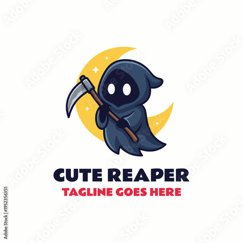 A playful depiction of a cute reaper, holding a scythe and standing against a moonlit background, juxtaposing the concepts of death and charm in a humorous and whimsical manner.