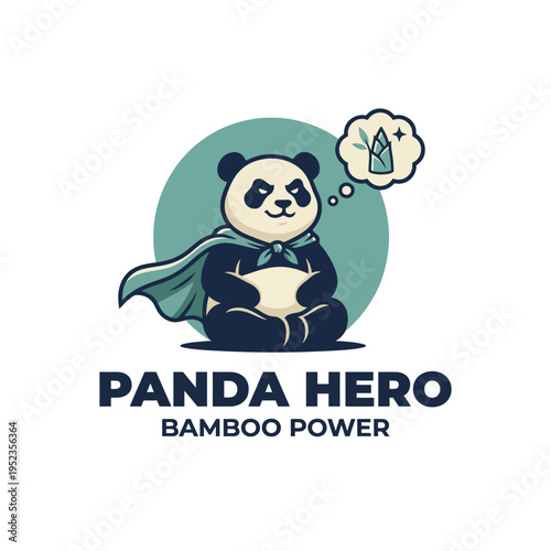 This charming image depicts a panda dressed as a superhero, complete with a cape and a thought bubble about bamboo, representing strength, creativity, and playful imagination.