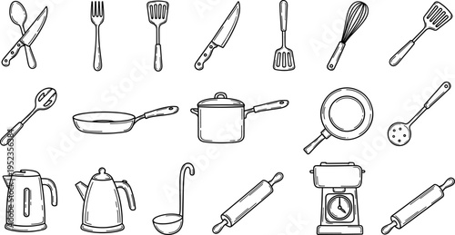 Collection of hand-drawn kitchen utensils and appliances in a simple line art style