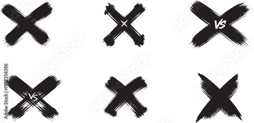 Set of 6 Hand-Drawn Black Brush Stroke X Marks and Crosses Vector Icons for Error, Close, or Versus Symbols
