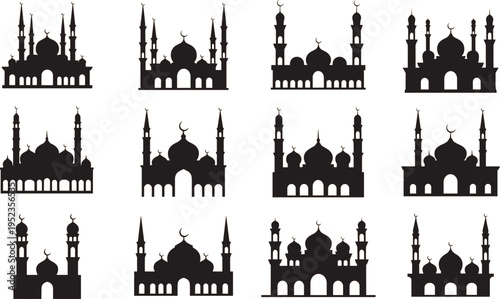 Mosque silhouettes collection featuring Islamic architecture with domes and minarets, representing religious buildings, cultural heritage, Ramadan themes, and traditional Middle Eastern design 