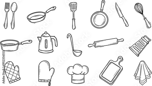 Collection of hand-drawn kitchen utensils and cooking tools in a simple line art style