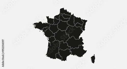 France Map Silhouette with Regions - Black and White Vector Illustration