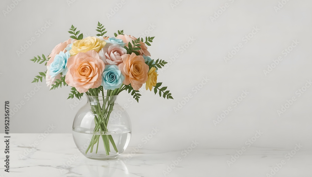 Fototapeta premium Bouquet of pastel roses inside a glass vase on marble. Elegant decor. 