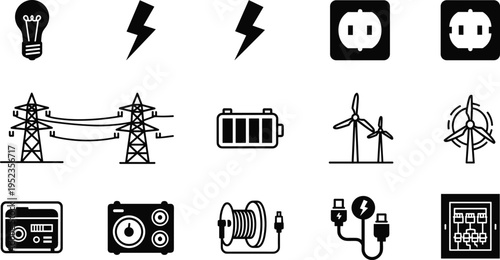 Electricity and power icons set with light bulb, sockets, transmission lines, battery and wind turbines, energy system elements isolated vector illustration for technology and utility design