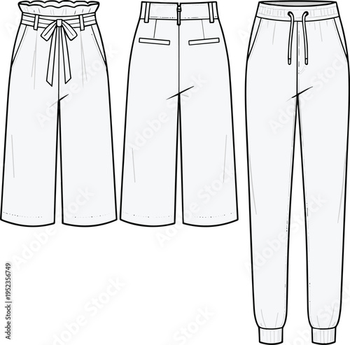 Technical fashion illustration of women's pants set, front and back views, jogger and wide leg trousers design template vector sketch