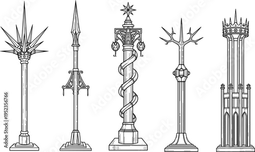 Fantasy ornamental pillars and magical columns set with spiked, gothic and mystical designs, decorative architectural elements isolated vector illustration for game, medieval and fantasy design