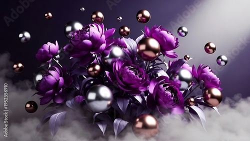 Purple Peonies and Metallic Spheres Floating in Smoke Elegant Abstract Floral Arrangement