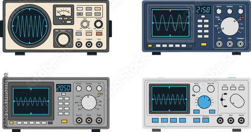 Oscilloscope devices with waveform displays, electronic measuring instruments set, digital and analog signal analysis equipment isolated vector 