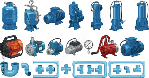 Industrial pumps and water supply equipment collection with motors, pressure tanks, gauges and piping fittings, plumbing system components set 