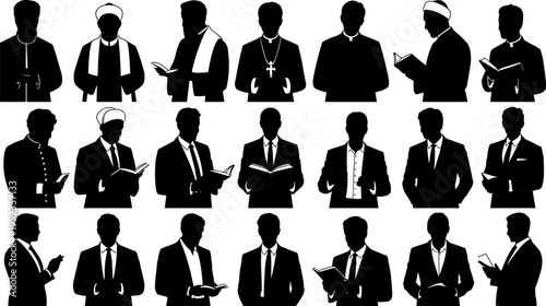 Business men silhouettes collection showing corporate professionals reading, writing, and communicating in office settings, representing teamwork, leadership, and modern workplace concepts 