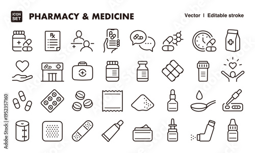 Pharmacy and Medicine Icon Set – Editable Line Style