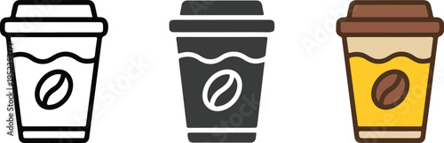 Minimalist Coffee Cup Icon Set with Line Art, Silhouette, and Color Disposable Cup Designs with Bean Symbol