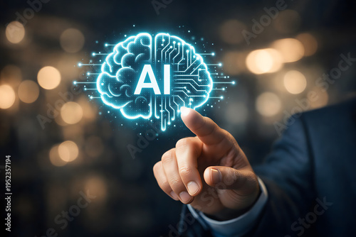 Man interacting with a futuristic interface displaying ai agents technology