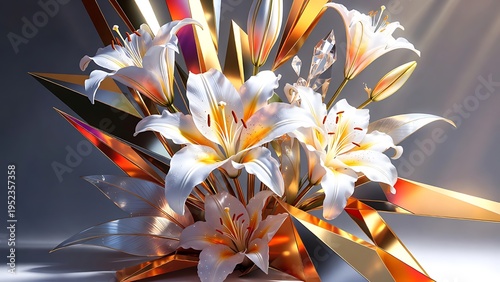 White Lilies with Geometric Gold and Silver Accents Close-up Floral Arrangement