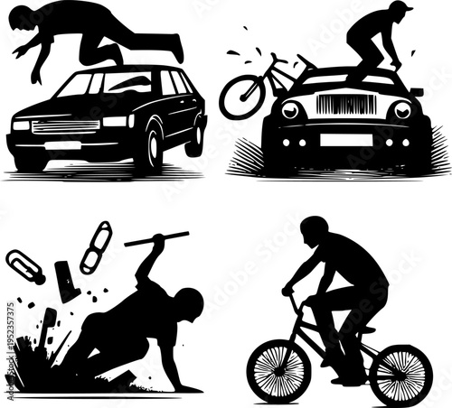 Accidents and extreme action silhouettes vector set. Car crash, falling man, and bicycle rider isolated on white background