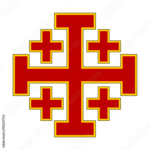 Colored Jerusalem cross, five-fold Cross, or also cross-and-crosslets. A Christian cross used in heraldry, consisting of a large cross potent surrounded by 4 small Greek crosses. Illustration. Vector