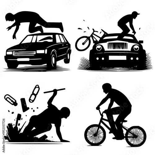 Accidents and extreme action silhouettes vector set. Car crash, falling man, and bicycle rider isolated on white background