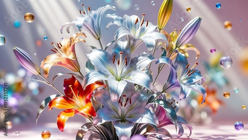 Mixed Lilies Bouquet with Water Droplets and Light Rays