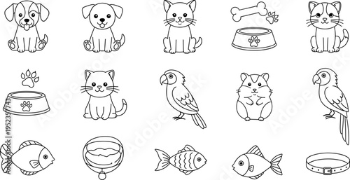 Collection of cute cartoon pet icons and accessories in a simple line art style