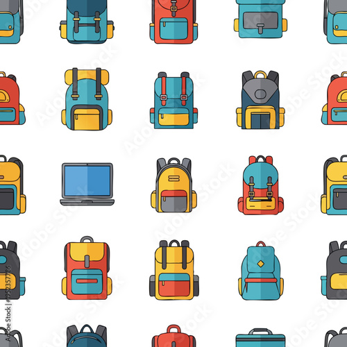 A colorful pattern of backpacks and a laptop on a white background