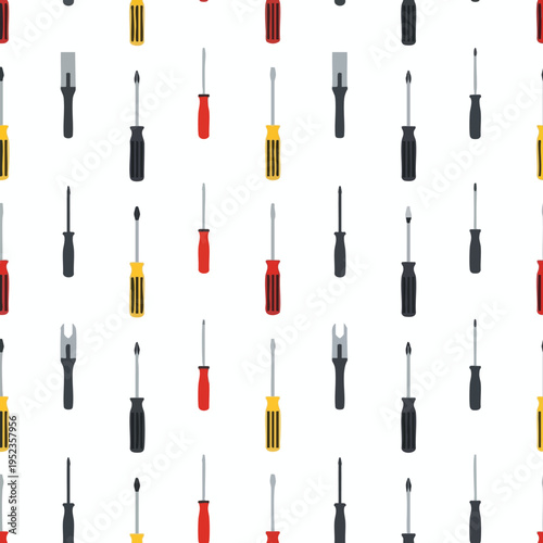 A white background with a repeating pattern of various screwdrivers, some with red handles and yellow stripes, others with black handles