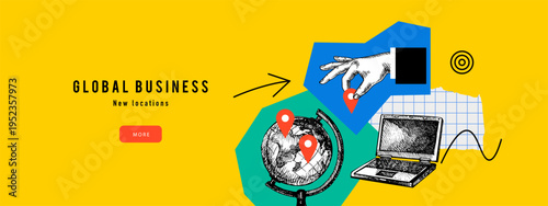 Trendy collage background with sketch hand, globe and laptop. Concept of global logistics, shipping, delivery, worldwide transport. Retro hand drawn isolated vector illustration.