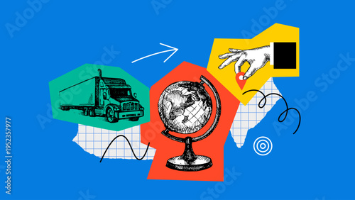 Trendy collage background with sketch hand, globe and truck. Concept of global logistics, shipping, delivery, worldwide transport. Retro hand drawn isolated vector illustration.