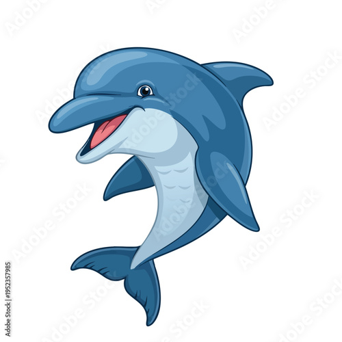 Playful blue dolphin breaching with mouth open, showing a pink tongue