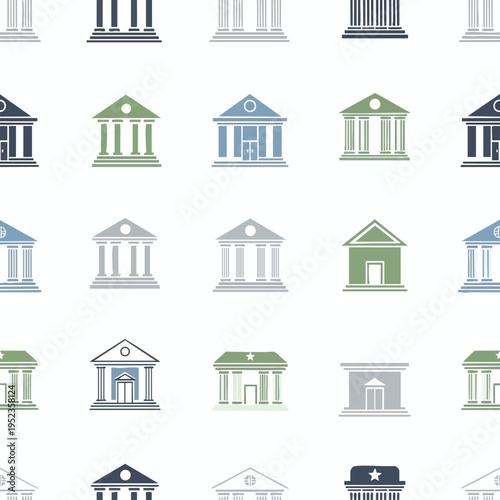 A collage of diverse building icons, featuring columns and pediments in pastel colors