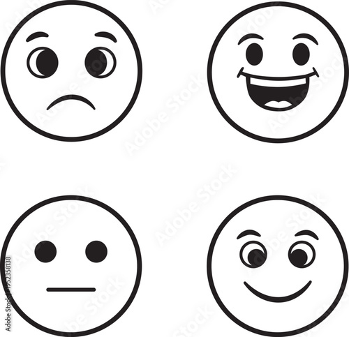  Four emoticon faces are shown in a square with different expressions on a white background victor illustration