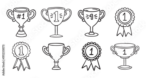Trophy and award medal set with number 1 golden cups, hand drawn doodle line art monochrome hand drawn