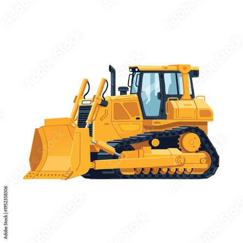 Yellow crawler tractor with a front blade, ready for construction work