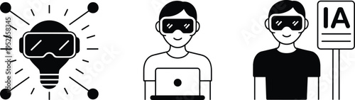 Black and white of virtual reality headsets and people with i a sign