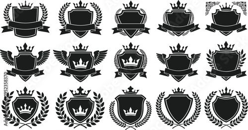 Collection of fifteen heraldic shield emblems with crowns, laurel wreaths, wings, and banners, decorative black and white insignia templates for branding, logos, and design.