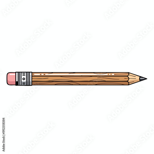 A sharpened wooden pencil with a pink eraser and metal ferrule against white