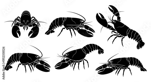 Set of Black Lobster Silhouettes on White Background