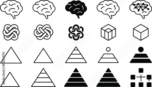 Set of black and white featuring brains cubes and pyramids