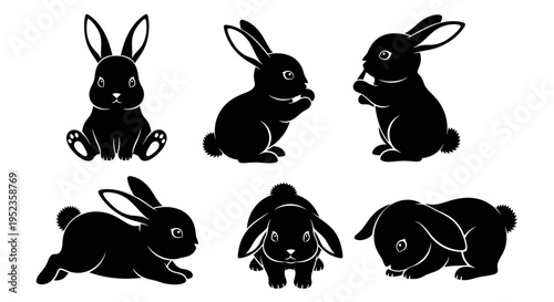 Set of Black Rabbit Silhouettes in Various Poses on White Background