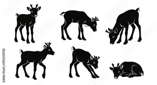 Set of Black Reindeer Silhouettes in Various Poses on White Background